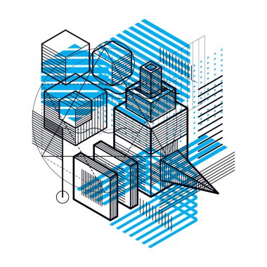 İzometrik doğrusal boyutlu şekillerle arka plan, 3d mesh elemanları vektör. Kompozisyon küpleri, altıgenler, kareler, dikdörtgenler ve soyut öğeler.