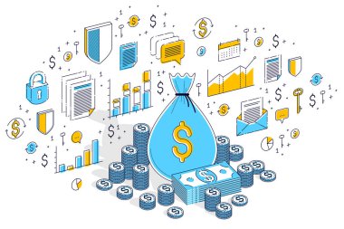 Beyaz arka plan üzerinde kişisel tasarruf konsept izole nakit para dolar yığını ve para yığınları ile para çantası. İzometrik 3B vektör illüstrasyon simgeler, istatistik grafikleri ve tasarım öğelerini ile finans.