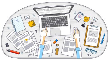 İş Analizi, ileti örneği ve belgeler ile masada dizüstü bilgisayarda office işçisi 