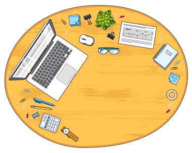 Ahşap ofis çalışan işyeri dizüstü bilgisayar ve çeşitli ileti örneği nesnelerle çalışmak için