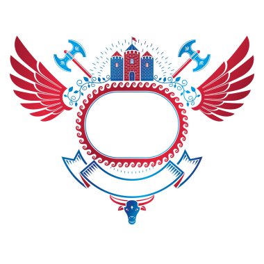 Antik kale amblemi ile kartal kanatları ve çaydanlık. Hanedan Arması, vintage vektör logo tarihi Kulesi ve dekoratif şerit kullanarak oluşturulan.