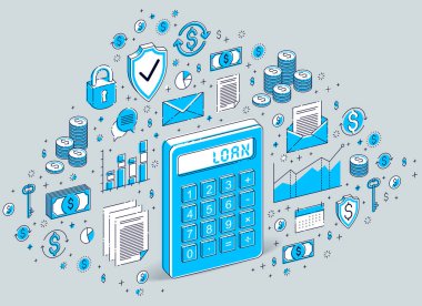 Hesap makinesi istatistik grafikleri ve tasarım öğelerini beyaz arka plan üzerinde izole ile. İzometrik 3B vektör çizim kredi kavramı finans