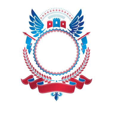 Antik kale amblemi. Hanedan Arması dekoratif kuş logolu defne çelengi ve Ortaçağ kule ile oluşturulan izole vektör çizim kanatlar.