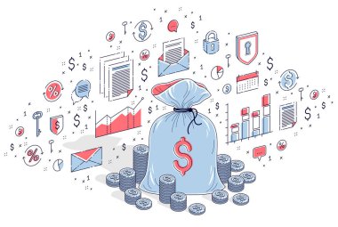 Para çantasını nakit para doları ile beyaz arka plan üzerinde kişisel tasarruf konsept izole kazık paraları. İzometrik 3B vektör illüstrasyon simgeler, istatistik grafikleri ve tasarım öğelerini ile finans.