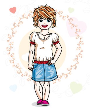 Güzel mutlu küçük Kızıl saçlı kız renkli zemin romantik kalpleri ile poz şık rahat kıyafetler içinde. Çekici çocuk vektör çizim.