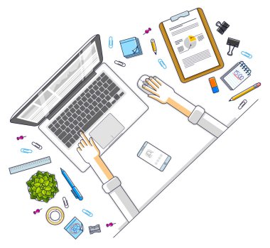 Ofis büro ofis çalışanı ve çeşitli ileti örneği nesneleri için iş ile dizüstü bilgisayar ile 