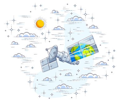 Bulutlu gökyüzü uçan ve güneş panelleri Earth'te yansıtan küresel iletişim teknoloji uydu. İnce çizgi 3d vektör çizim