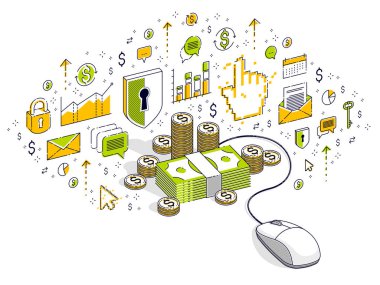 bilgisayar fare ile para yığınları. İzometrik 3B vektör illüstrasyon, Online finans kavramı, web ödemeler, Internet kazanç online bankacılık, finans