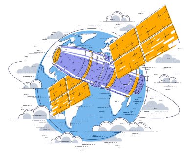Uzay istasyonu Dünya 'nın yörüngesinde uçan uzay aracı, güneş panelleri ve yapay uydularla donatılmış uzay gemisi. İnce çizgi 3d vektör çizimi.