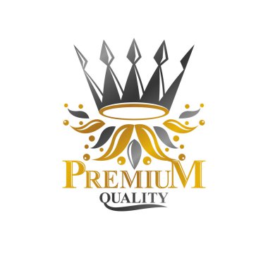 Majestic Crown amblemi. Heraldic Coat of Arms dekoratif logosu izole edilmiş vektör çizimi. Beyaz arkaplanda dekoratif logotip.