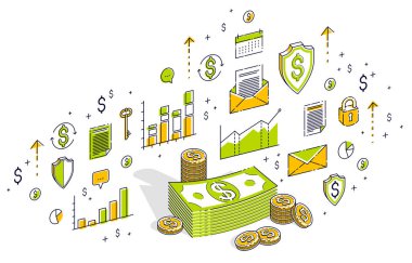 Nakit para doları yığınlar ve para kuruş kazık istatistikleri grafiklerle izole beyaz arka plan üzerinde. İzometrik 3B vektör finans illüstrasyon 