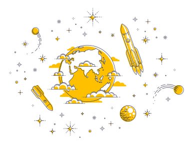 Yıldız, roketler, asteroidler tarafından çevrili uzayda Dünya gezegeni. Küçük dünya sonsuz cosmos içinde. İnce çizgi 3d vektör çizim üzerinde beyaz izole.