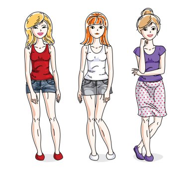 Genç güzel kadın grubu ayakta şık rahat kıyafetler içinde. Vektör karakter kümesi.