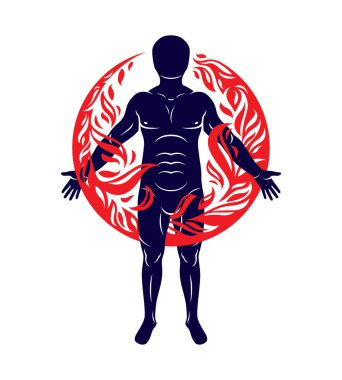 Atletik insan, insan ve doğa uyumunun vektör çizimi, alev topuyla kaplanmış ateş adam..