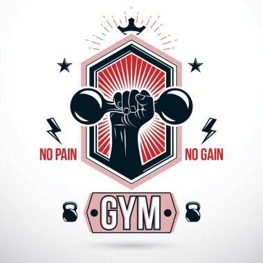 Grafik vektör işareti güçlü atlet pazı kol, halter ve kettlebells spor aletleri hazırlandı. Vücut geliştirme halter spor salonu amblemi, spor kulübü