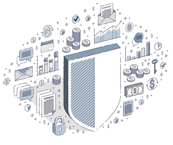 Bouclier Avec Des Icônes Affaires Des Graphiques Statistiques Isolés Sur — Image vectorielle