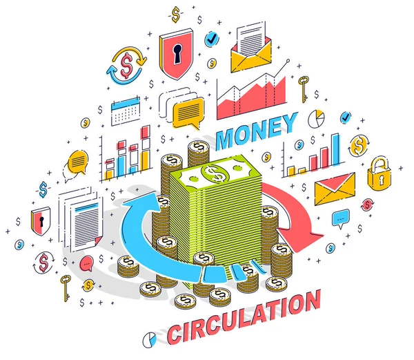 現金お金のスタックと統計グラフ お金の循環の概念 外貨両替 お金返金とビジネス アイコンのベクトルの 等角投影図 — ストックベクタ
