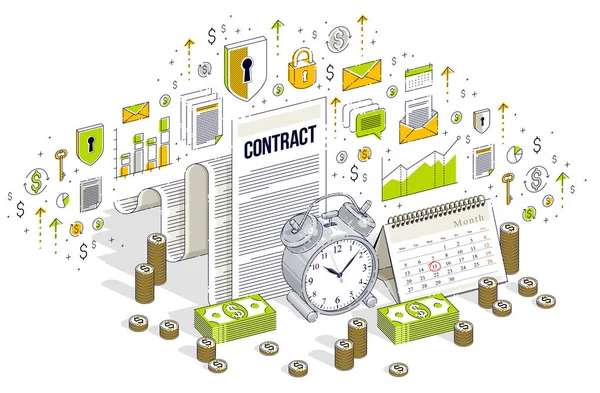 Tischwecker Und Kalender Mit Geldstapeln Und Münzstapeln Mit Statistikdiagrammen Auf — Stockvektor