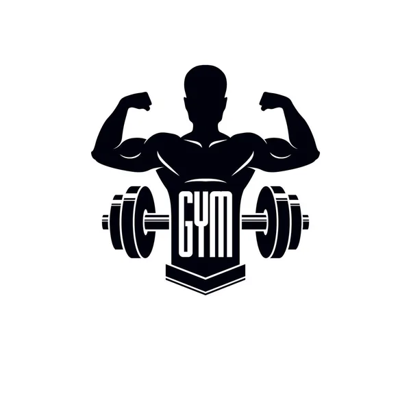 Musculação Fitness Logotipo Esporte Emblema Vetor Estilo Vintage Com Silhueta — Vetor de Stock