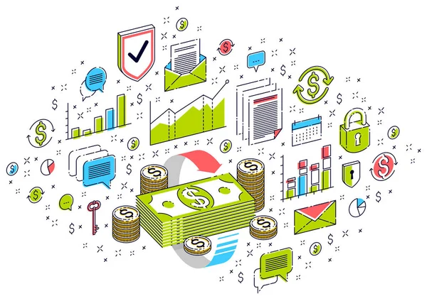 Dinero Efectivo Pilas Iconos Negocios Con Gráficos Estadísticas Concepto Circulación — Vector de stock