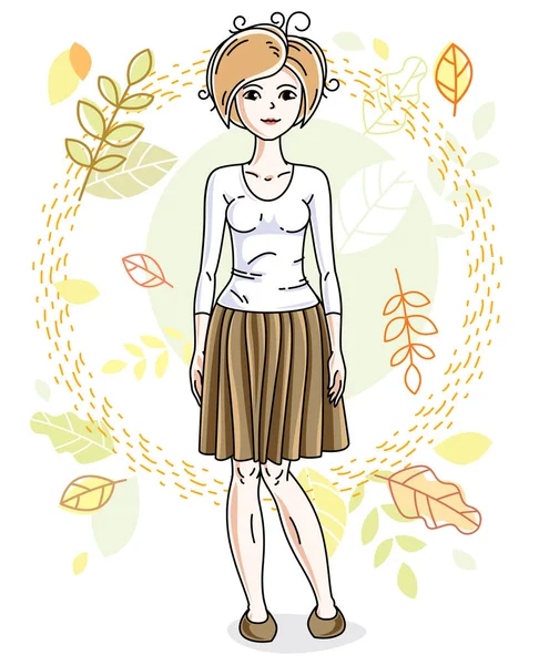 Счастливая Молодая Блондинка Стоящая Фоне Осеннего Пейзажа Одетая Модную Повседневную — стоковый вектор