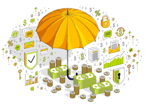 Versicherungskonzept Regenschirm Mit Bargelddollarstapeln Und Münzen Mit Statistikdiagrammen Auf Weißem — Stockvektor