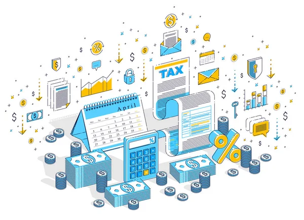 Steuerformular Mit Geldstapeln Und Kalender Mit Statistiken Diagrammen Isoliert Auf — Stockvektor