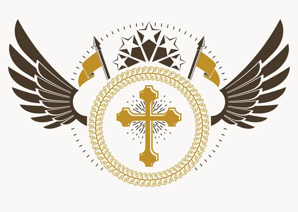 鳥の翼と五角形の星とキリスト教の宗教的なクロス ヴィンテージ紋章デザイン テンプレート — ストックベクタ