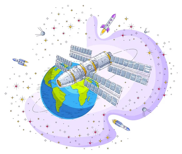 宇宙ステーション軌道飛行宇宙船宇宙船 Iss の太陽電池パネルと人工衛星 ロケット 星やその他の要素地球の周りを飛んでいます 細い線 ベクトル図 — ストックベクタ