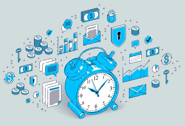 Tablo çalar saat ile nakit para yığınları ve bozuk para kazık istatistikleri grafiklerle izole beyaz arka plan üzerinde. Vektör 3d izometrik iş illüstrasyon, para kavramı tam zamanı   