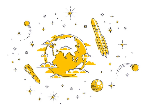 Планета Земля Космосе Окруженная Звездами Ракетами Астероидами Маленькая Земля Бесконечном — стоковый вектор