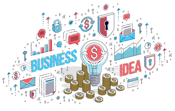 Iniciar Negócio Ideia Conceito Lâmpada Com Pilha Dinheiro Dinheiro Pilhas —  Vetores de Stock