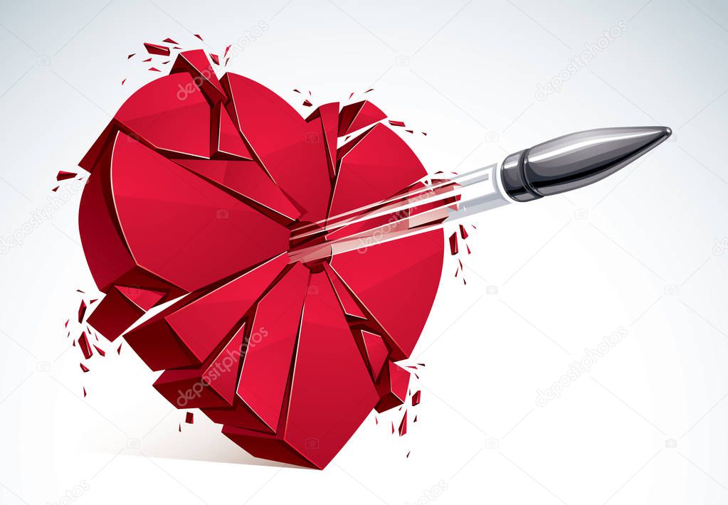 Heart broken with bullet gun shot, 3D realistic vector illustration of heart symbol exploding to pieces. Creative idea of breaking apart love, break up.