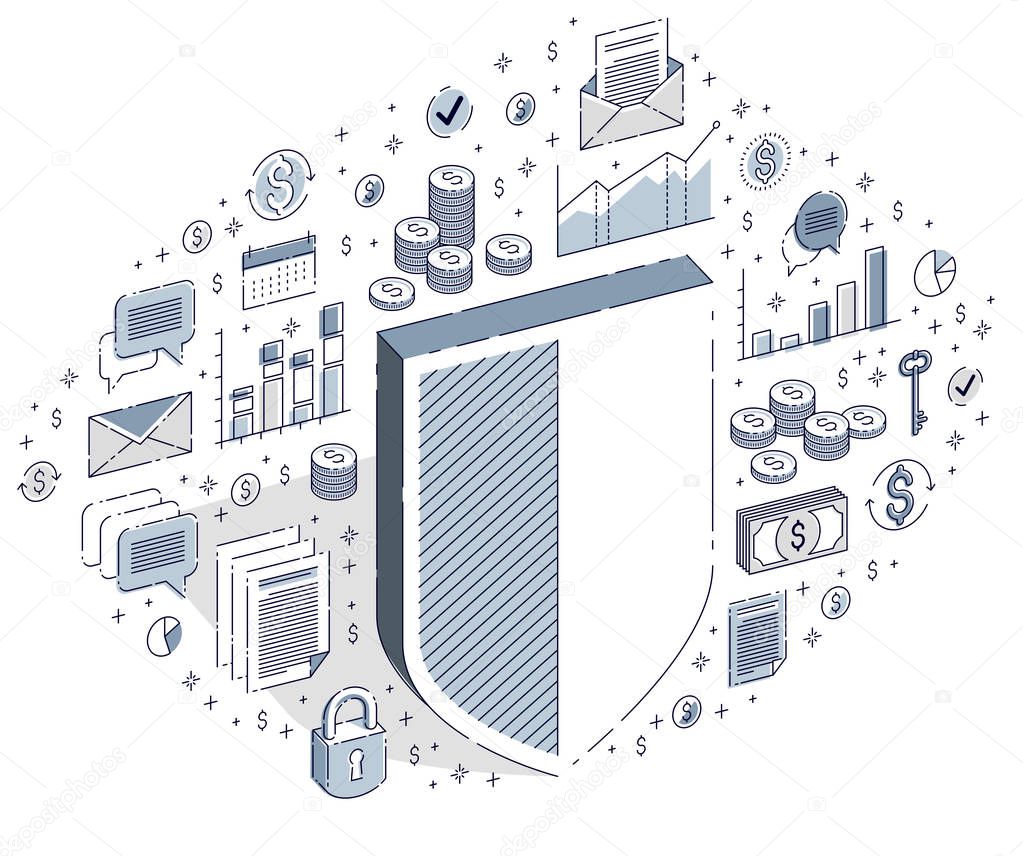 Shield with with business icons and stats charts isolated on white background. Vector 3d isometric illustration, Protection of finances concept, financial safety