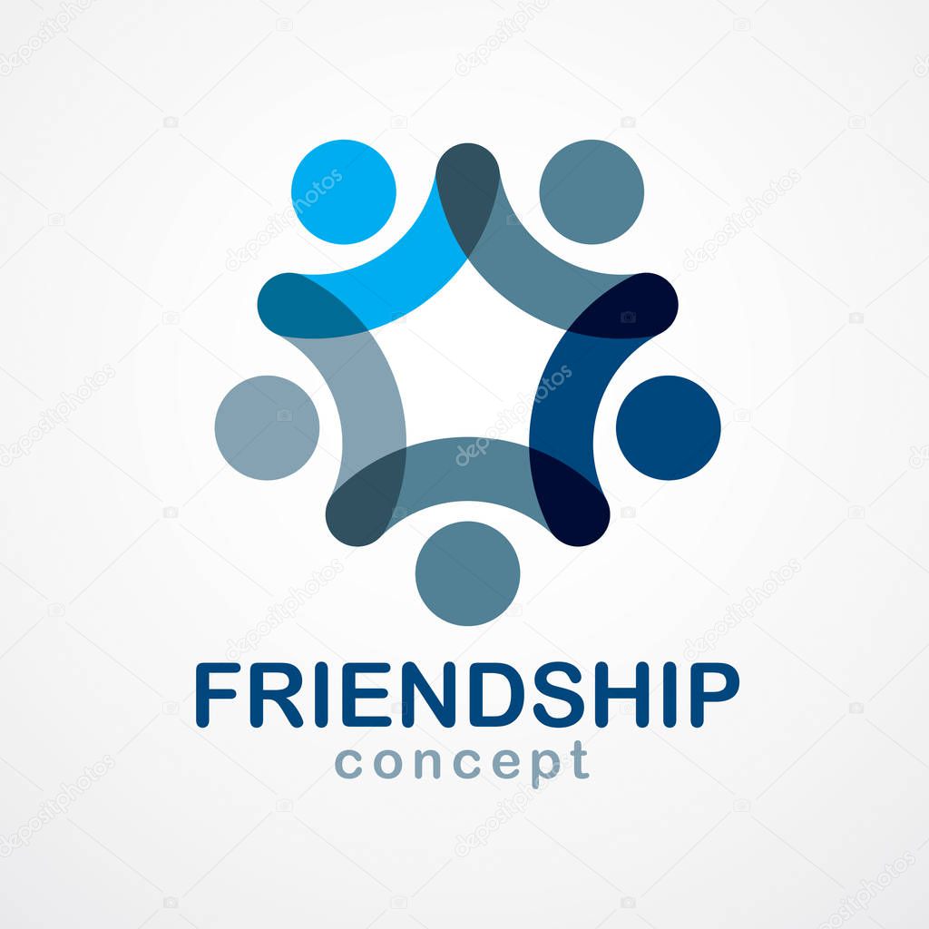 Teamwork and friendship concept created with simple geometric elements as people crew. Vector logo. Unity and collaboration idea, dream team of business people blue design.