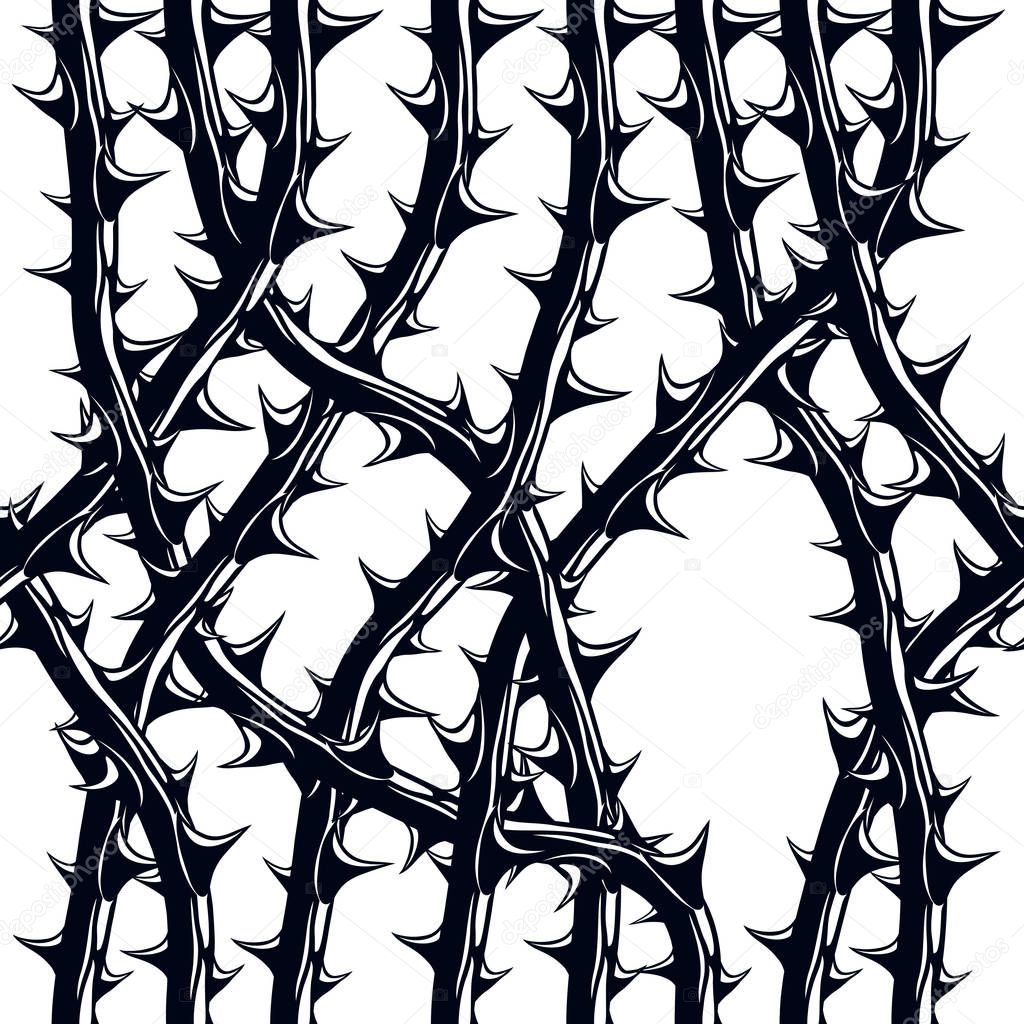 Horror art style seamless pattern, vector background. Black branches with thorns stylish endless illustration. Hard Rock and Heavy metal subculture music textile fashion stylish design.