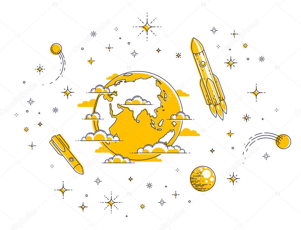 Planet Earth in space surrounded by stars, rockets, asteroids. Small earth in endless cosmos. Thin line 3d vector illustration isolated on white.
