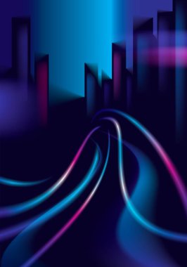 Gece yolundaki trafik ışıkları, bulanık ışıklar. Efekt vektörü güzel arkaplan. Şehir manzaralı bulanık koyu arkaplan, binaların siluetleri gökyüzü.