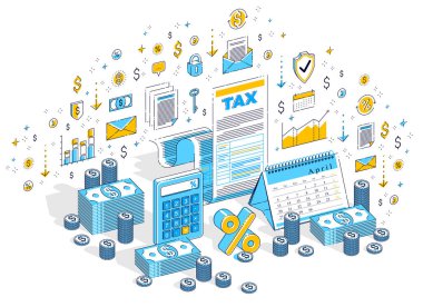 vergi formu üzerinde beyaz izole nakit para yığınları ve istatistik grafikleri ile. 3D vektör iş izometrik çizimde, vergi kavramı