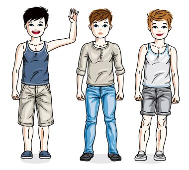 Moda rahat kıyafetlerle poz güzel mutlu genç genç çocuklar. Vektör çeşitlilik çocuklar illüstrasyonlar set.