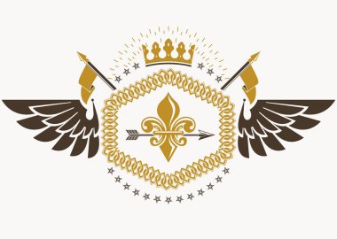Kuş kanatları, bayraklar ve royal crown, vektör çizim gibi grafik öğeleri kullanarak hanedan amblemi yaptı.