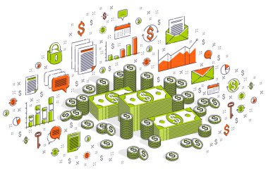 Nakit para doları yığınlar ve para kuruş kazık istatistikleri grafiklerle izole beyaz arka plan üzerinde. İzometrik 3B vektör finans illüstrasyon 