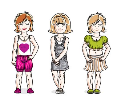 Rahat kıyafetler giyen sevimli küçük kızlar grubu ayakta. Vektör çeşitlilik çocuklar illüstrasyonlar set.