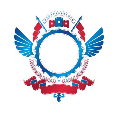 Antik kale amblemi. Hanedan Arması dekoratif kuş logolu defne çelengi ve Ortaçağ kule ile oluşturulan izole vektör çizim kanatlar.