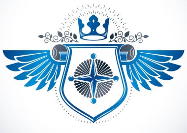 Hanedanlık armaları kalıbı ile bir tasarım şablonu ve gezinti pusula ile royal crown Vintage kanatlı