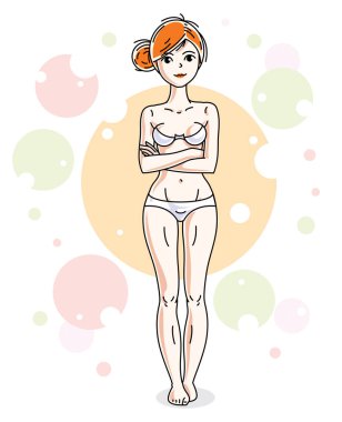 Beyaz iç çamaşırı renkli zemin kabarcıklar ve daireler ile poz güzel genç Kızıl saçlı kadın. Vektör güzel hanımefendi illüstrasyon. 