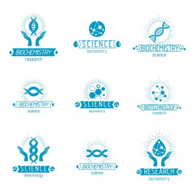 Molekül ve insan DNA'sı vektör modellerinin kümesi. Biyomedikal Mühendisliği, genetik, moleküler genetik ve biyoteknoloji kavramlar oluşturulan kurumsal Logotype topluluğu.