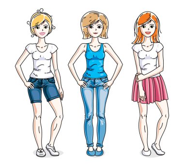 Mutlu genç kızlar kadın ayakta şık rahat kıyafetler içinde. Vektör karakter kümesi.