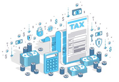 nakit para yığınları üzerinde beyaz izole olan vergi form. 3D vektör iş izometrik çizimde, vergi kavramı