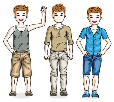 Moda rahat kıyafetlerle poz güzel mutlu genç genç çocuklar. Vektör çeşitlilik çocuklar illüstrasyonlar set. Çocukluğu ve ailesi yaşam tarzı küçük resim.